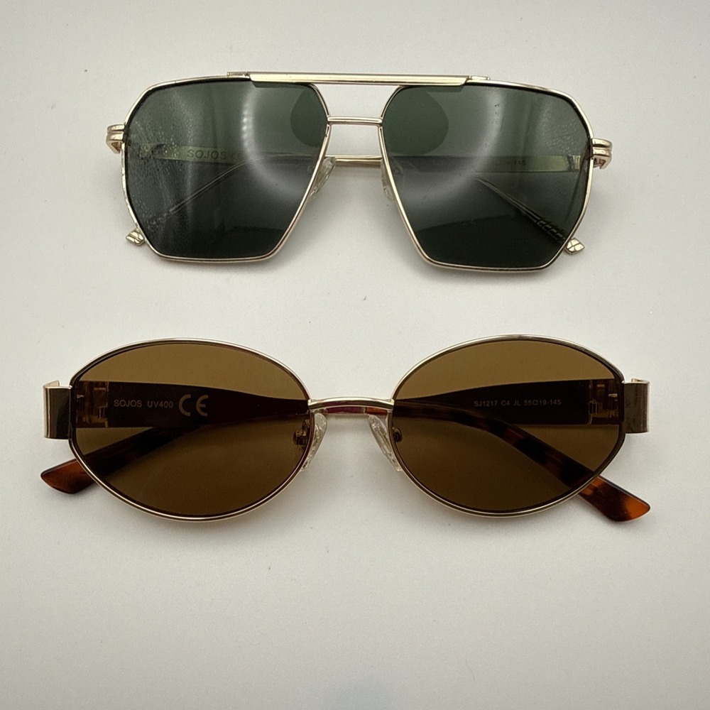 2 pair SOJOS Designer Aviator Hexagon & Oval Sunglasses -Gold Metal Frames. Mint